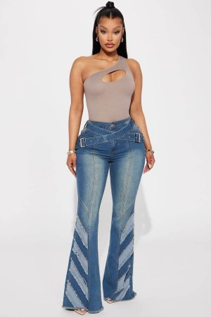 Wash Fashion Nova Keeping Receipts Belted Flare Women Jeans USA | 185702YWG