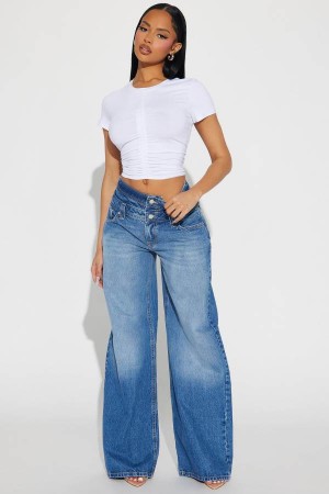 Wash Fashion Nova Mutual Crush Double Waistband Wide Leg Women Jeans USA | 408295ELK