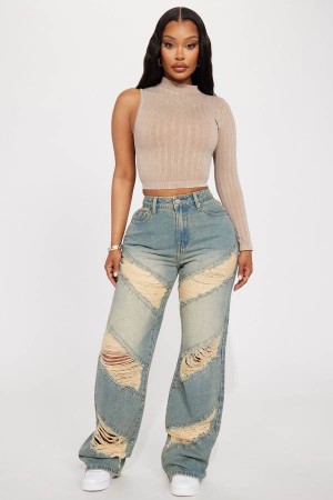 Wash Fashion Nova Of Significance Shredded Straight Leg Women Jeans USA | 428735VKS