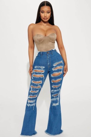 Wash Fashion Nova Perfect Storm Shredded Stretch Flare Women Jeans USA | 605412ATR