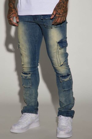 Wash Fashion Nova Pocket Me Cargo Stacked Skinny Zipper Flare Men Jeans USA | 654029ZVT