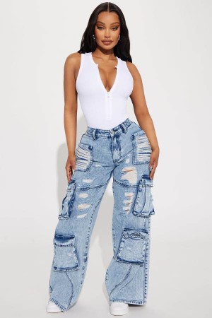 Wash Fashion Nova Proving It Ripped Baggy Cargo Women Jeans USA | 218453DGO