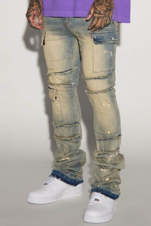 Wash Fashion Nova Side Snap Cargo Stacked Skinny Flare Men Jeans USA | 947062ZSW