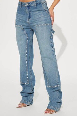 Wash Fashion Nova Star Studded Embellished Straight Leg Carpenter Women Jeans USA | 071346IBJ