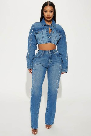 Wash Fashion Nova Starstruck Embellished Straight Leg Women Jeans USA | 035781CTF