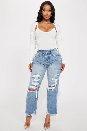 Wash Fashion Nova Status Symbol Straight Leg Ankle Women Jeans USA | 570246TEP