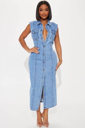 Wash Fashion Nova Tallahassee Denim Maxi Women Dress USA | 183602QXK