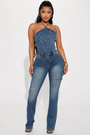 Wash Fashion Nova Top Tier Utility Stretch Bootcut Women Jeans USA | 594072HZS