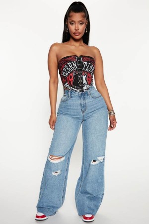 Wash Fashion Nova Tough Love Baggy Ripped Straight Leg Women Jeans USA | 158096IPK