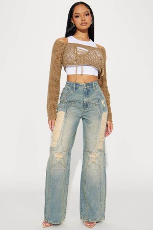 Wash Fashion Nova Under The Stars Ripped Straight Leg Women Jeans USA | 390761ZMJ