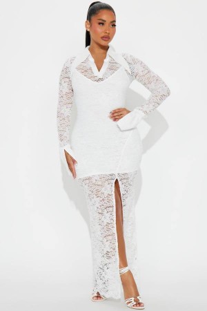 White Fashion Nova Alice Collar Lace Maxi Women Dress USA | 593072PLF