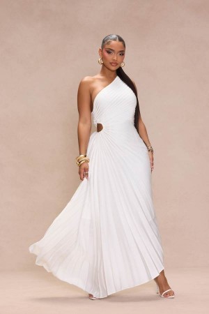 White Fashion Nova Athena One Shoulder Maxi Women Dress USA | 180275QJZ