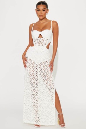 White Fashion Nova Attina Crochet Maxi Women Dress USA | 178054JHZ