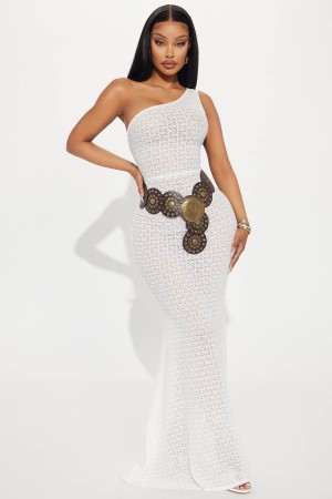 White Fashion Nova Dani Belted Maxi Women Dress USA | 850431LUI