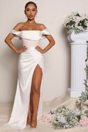 White Fashion Nova Down The Aisle Satin Maxi Women Dress USA | 508372PBQ