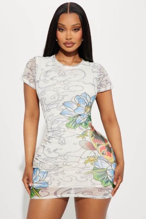 White Fashion Nova Ed Hardy Koi Mesh Mini Women Dress USA | 175364QHF