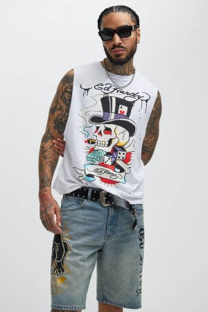 White Fashion Nova Ed Hardy Skull Top Hat Muscle Men T-Shirt USA | 143586HLR