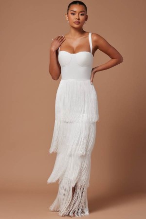 White Fashion Nova Faye Bandage Fringe Maxi Women Dress USA | 017948CBM