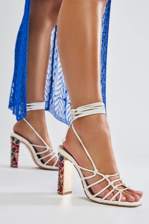 White Fashion Nova Find Out Wrap Up Heeled Women Sandals USA | 849105MSD