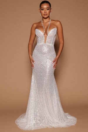 White Fashion Nova Mellina Sequin Maxi Women Dress USA | 682503VEI