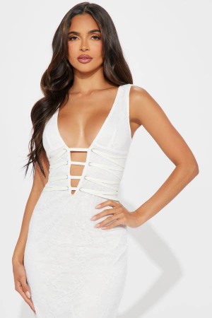 White Fashion Nova Modern Muse Lace Midi Women Dress USA | 046198HZG