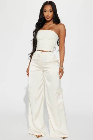 White Fashion Nova Pretty Girl Walk Satin Cargo Women Pants USA | 983671LFR