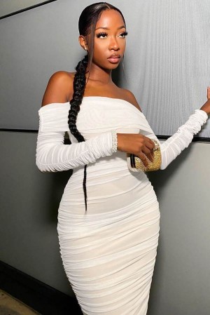 White Fashion Nova Ready In A Ruched Off Shoulder Midi Women Dress USA | 487650EHR