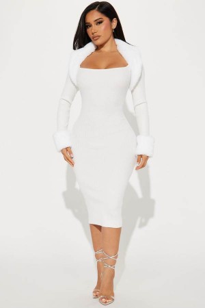 White Fashion Nova Shilah Faux Fur Sweater Midi Women Dress USA | 751896UVC