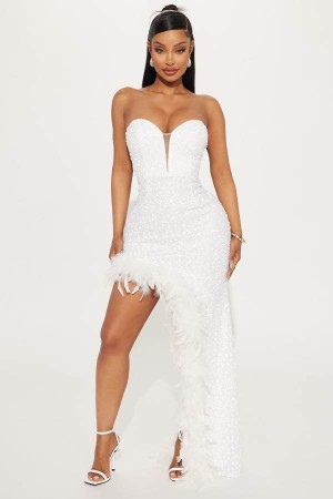 White Fashion Nova Sweetheart Sequin Feathered Maxi Women Dress USA | 689201UKN