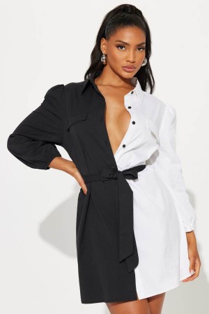 White / Black Fashion Nova Checkmate Mini Shirt Women Dress USA | 134927VLC