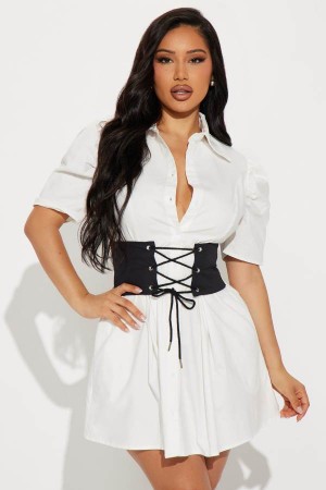 White / Black Fashion Nova Madeleine Belted Mini Women Dress USA | 249058FIL