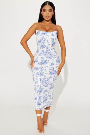 White / Blue Fashion Nova Tianna Sequin Midi Women Dress USA | 630952BUM