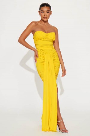 Yellow Fashion Nova Catherine Ruched Maxi Women Dress USA | 084315KXL