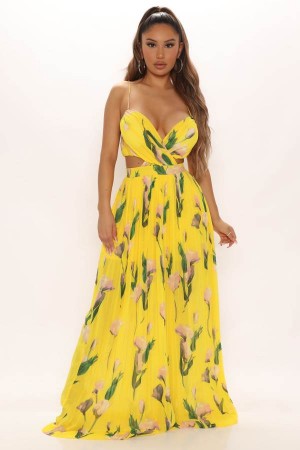 Yellow Fashion Nova Florentine Floral Maxi Women Dress USA | 160845PVB