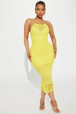 Yellow Fashion Nova Jazmin Crotchet Midi Women Dress USA | 576189EBJ