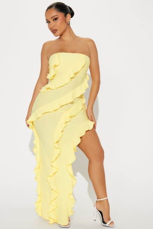 Yellow Fashion Nova Rihanna Ruffle Maxi Women Dress USA | 185934HVN