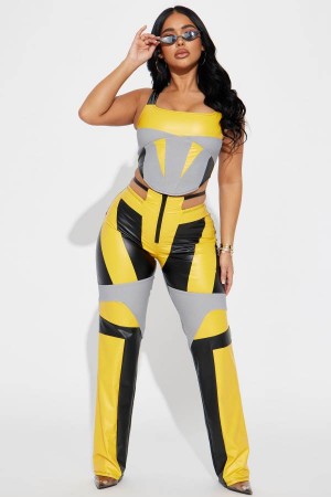 Yellow Fashion Nova Sporty Vibes Faux Leather Pant Set Women Pants USA | 071369YAL