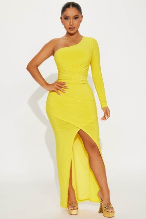 Yellow Fashion Nova Stacy Ruched Maxi Women Dress USA | 150472UKY