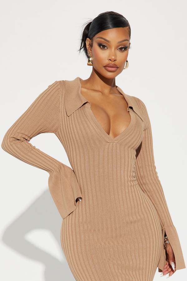 Beige Fashion Nova Fallon Sweater Midi Women Dress USA | 206347GZY