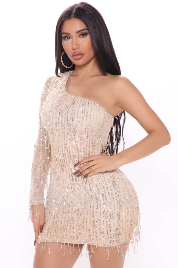 Beige Fashion Nova No Strings Attached Sequin Mini Women Dress USA | 240356TKR