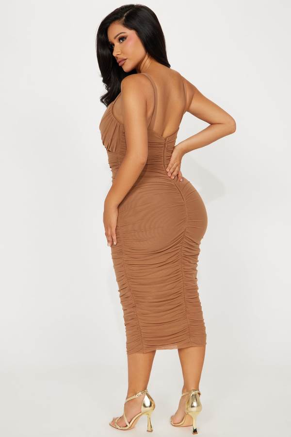 Beige Fashion Nova Seeing You Later Ruched Bandage Midi Women Dress USA | 489176QSC