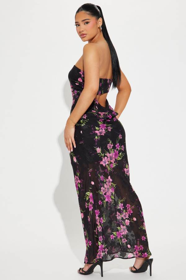 Black Fashion Nova Alexa Floral Chiffon Maxi Women Dress USA | 391058CGP