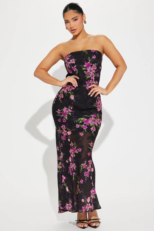 Black Fashion Nova Alexa Floral Chiffon Maxi Women Dress USA | 391058CGP