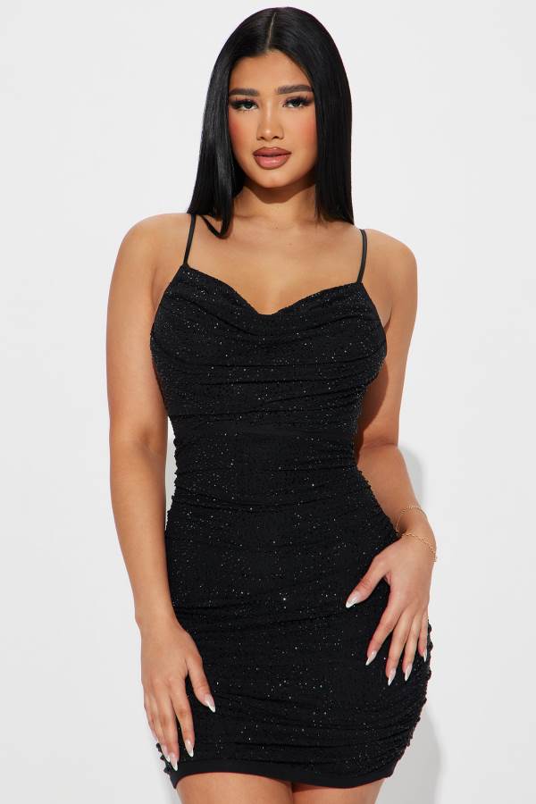 Black Fashion Nova All of The Lights Rhinestone Mesh Mini Women Dress USA | 124968KSY