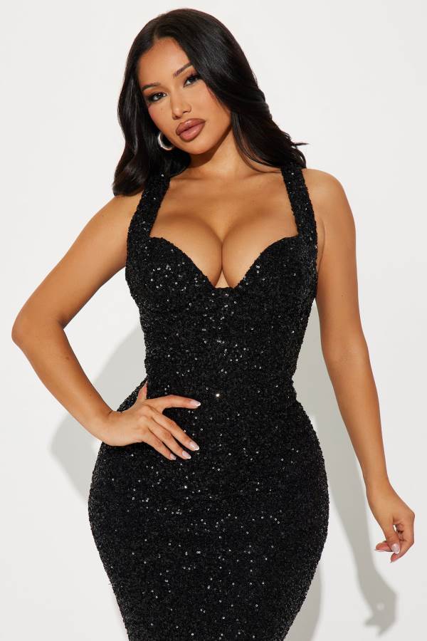 Black Fashion Nova Alora Sequin Maxi Women Dress USA | 851732OFZ