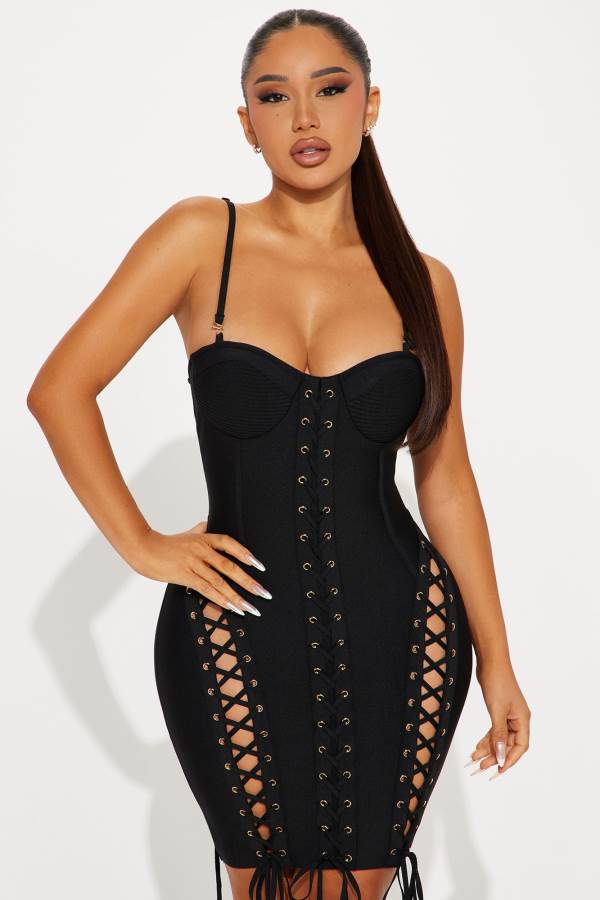 Black Fashion Nova Angie Lace Up Bandage Mini Women Dress USA | 829374ETC