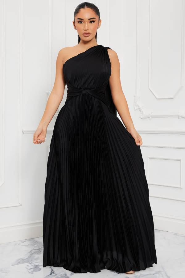 Black Fashion Nova Athena Pleated Maxi Women Dress USA | 356478HWO