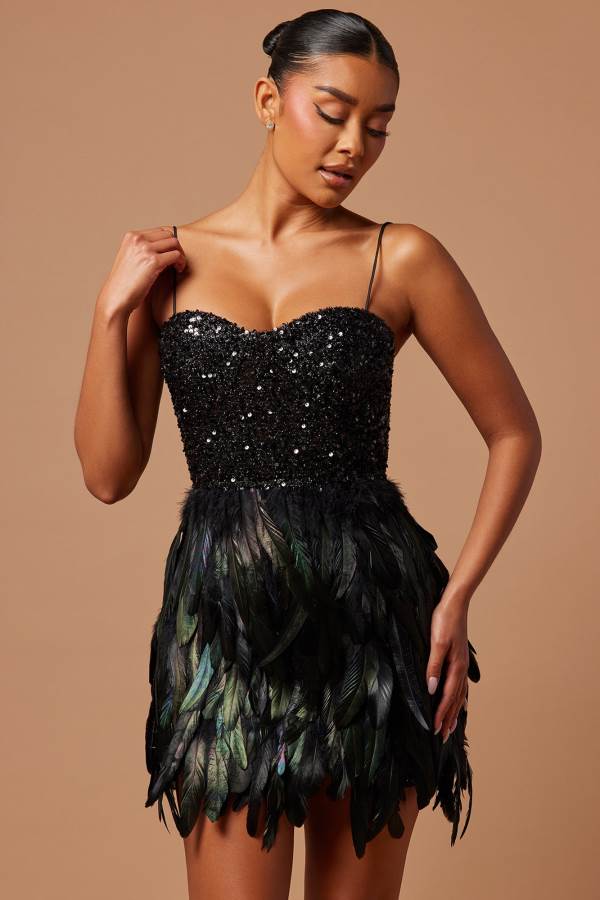 Black Fashion Nova Bella Sequin Feather Mini Women Dress USA | 608473PCJ