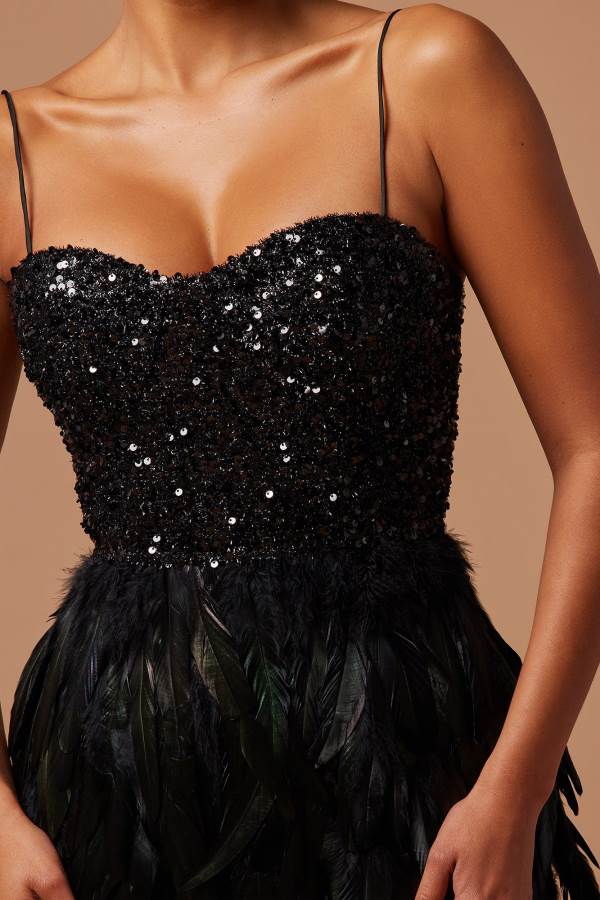 Black Fashion Nova Bella Sequin Feather Mini Women Dress USA | 608473PCJ