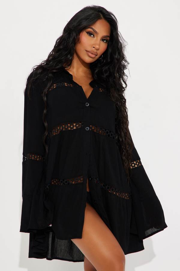 Black Fashion Nova Breezy Paradise Linen Circle Cover Up Shirt Women Dress USA | 297053UDL